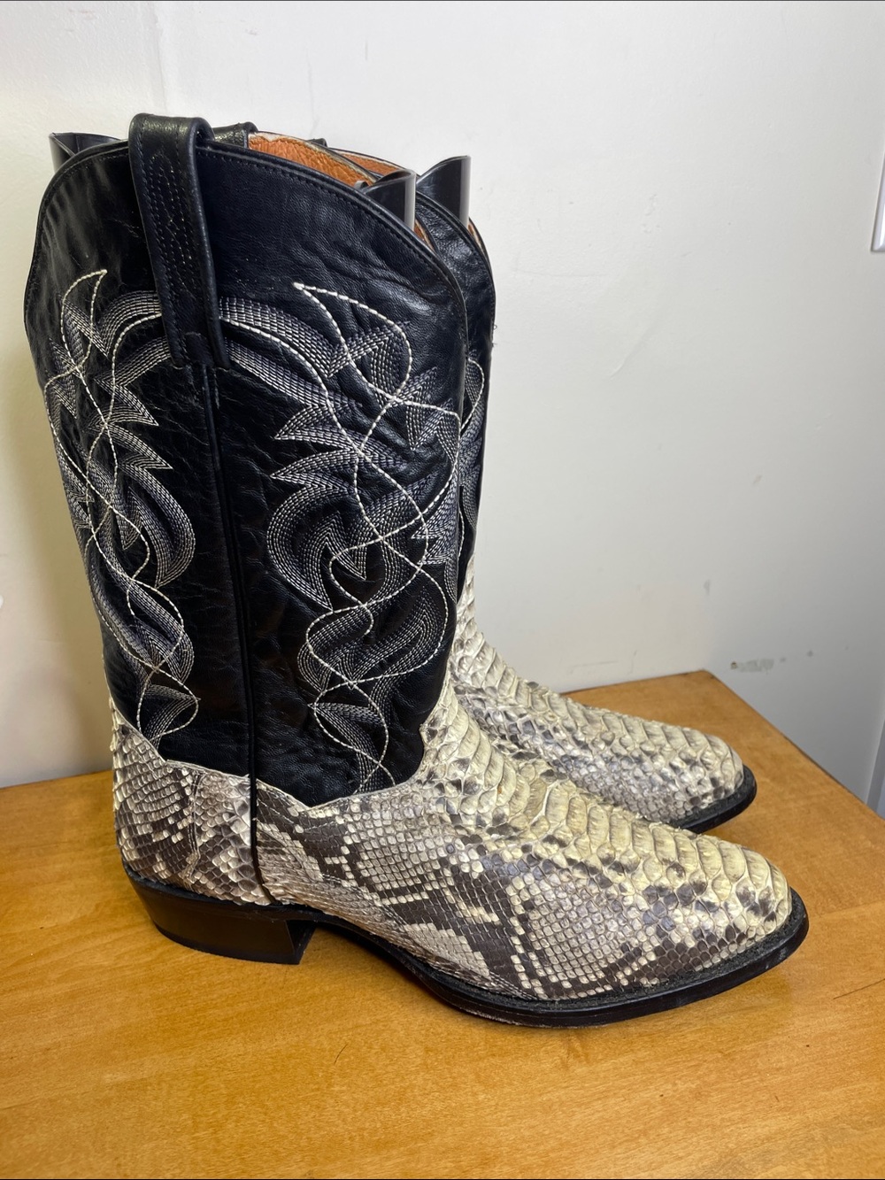 Dan Post Black Shaft with Cream and Gray Python-Texture Cowboy Boots. Size 14